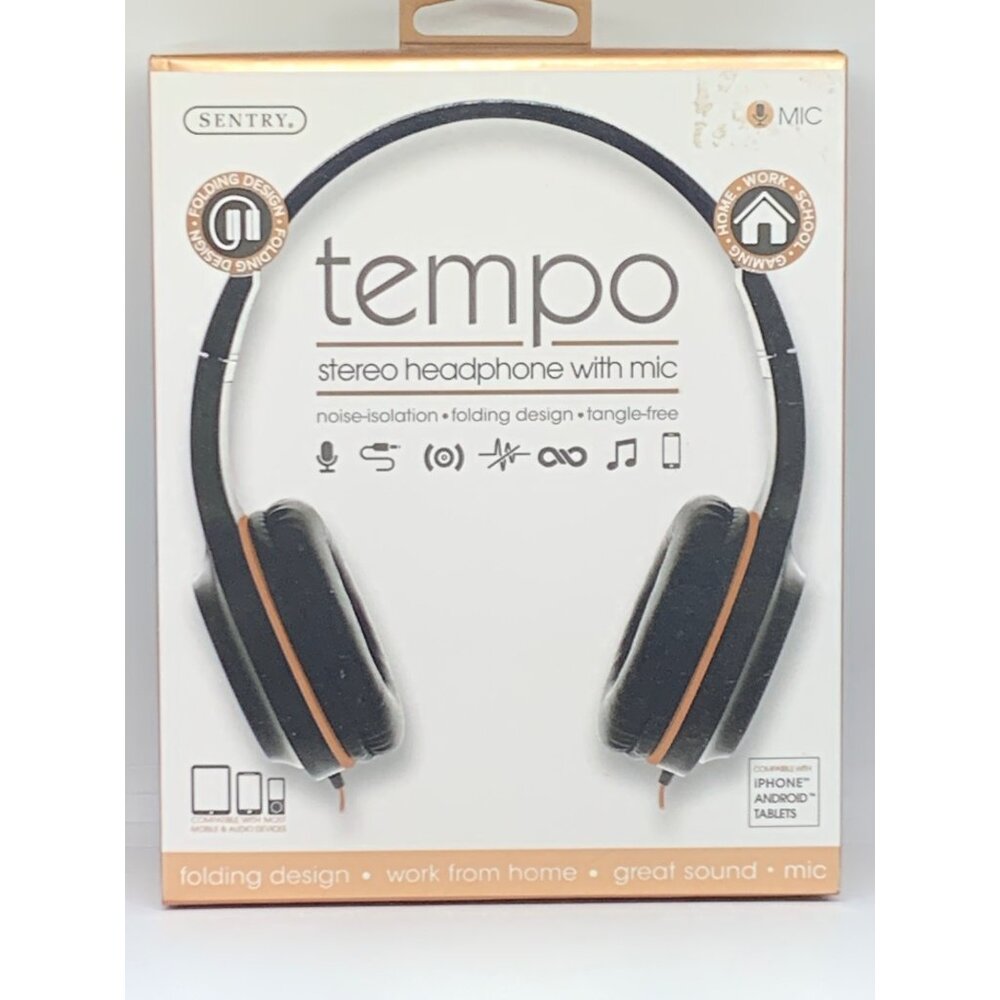 Sentry Tempo Stereo Headphones With Mic Noise-Isolation Folding Design Black